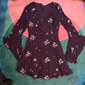 Free People Mini Dress Long Sleeve Bell Flare Embroidered V Neck Witchy Flowy